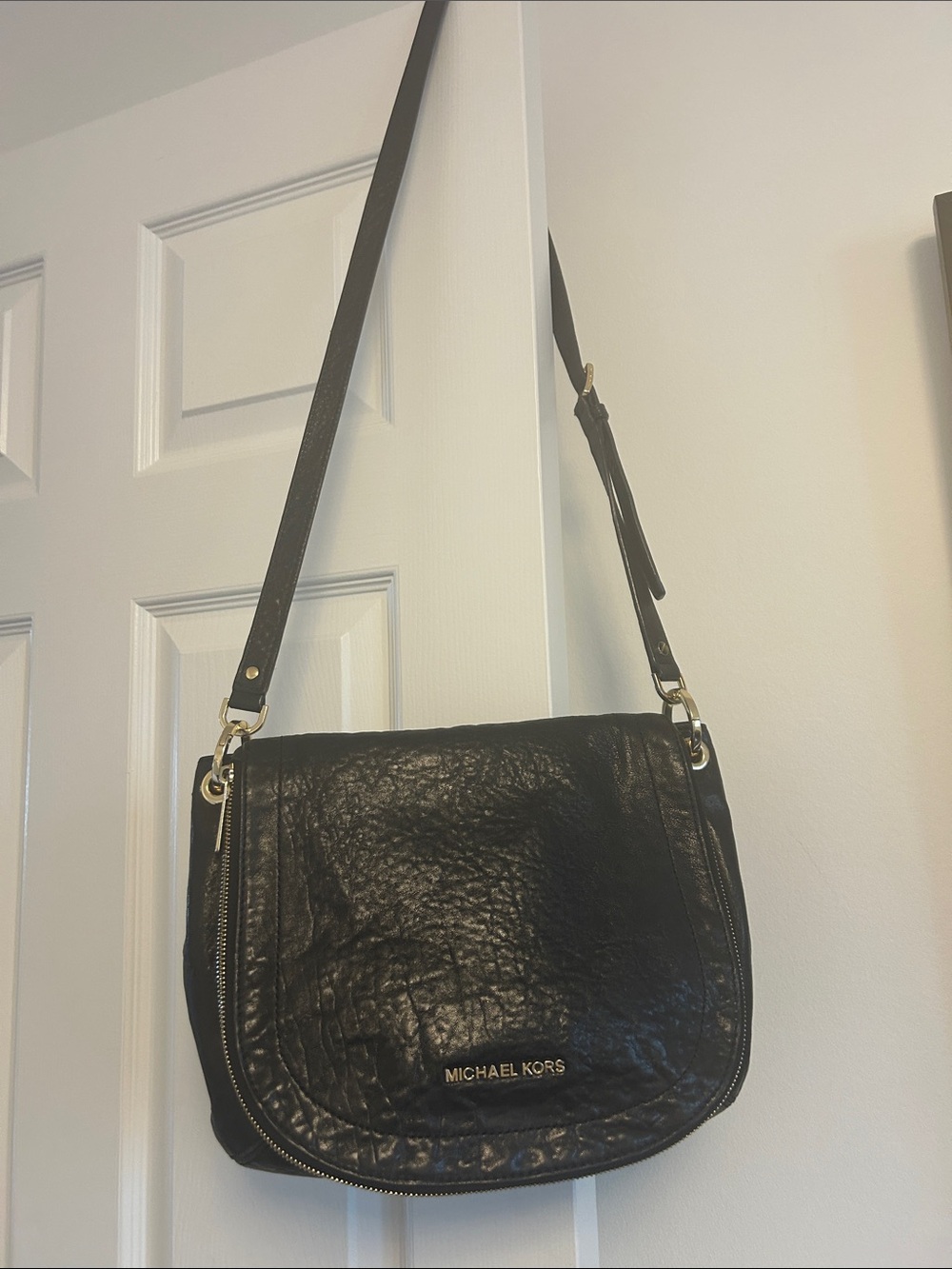 Michael Kors Black Leather Flap Crossbody with Gold Hardware